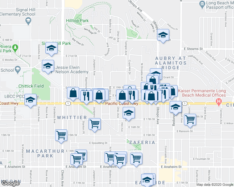 map of restaurants, bars, coffee shops, grocery stores, and more near 2730 East Wall Street in Signal Hill