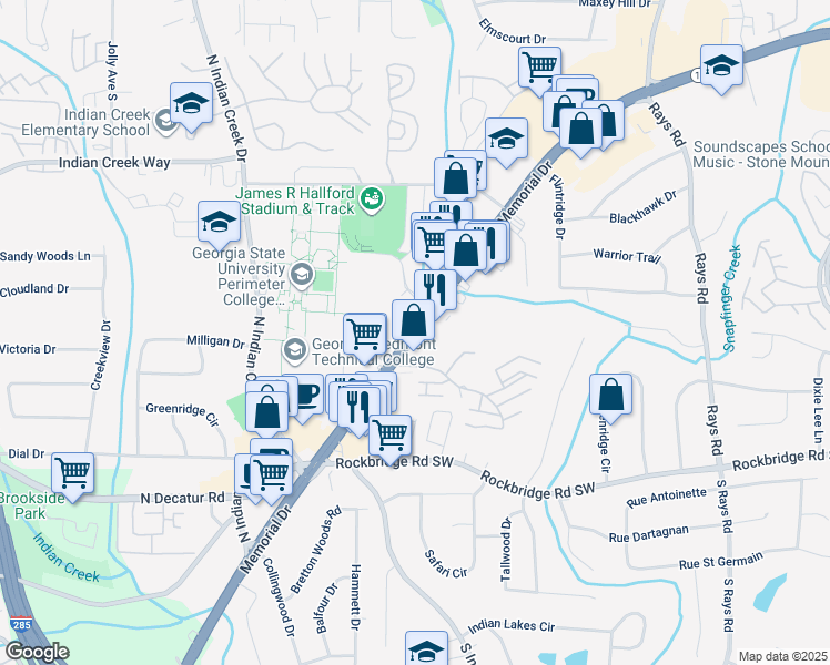map of restaurants, bars, coffee shops, grocery stores, and more near 4959 Memorial Drive in Stone Mountain
