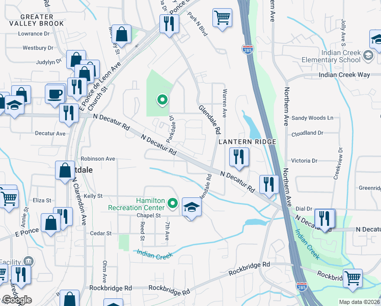 map of restaurants, bars, coffee shops, grocery stores, and more near 3297 Park Pointe Circle in Scottdale