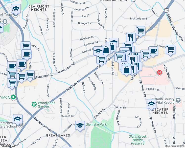 map of restaurants, bars, coffee shops, grocery stores, and more near 1377 Scott Boulevard in Decatur