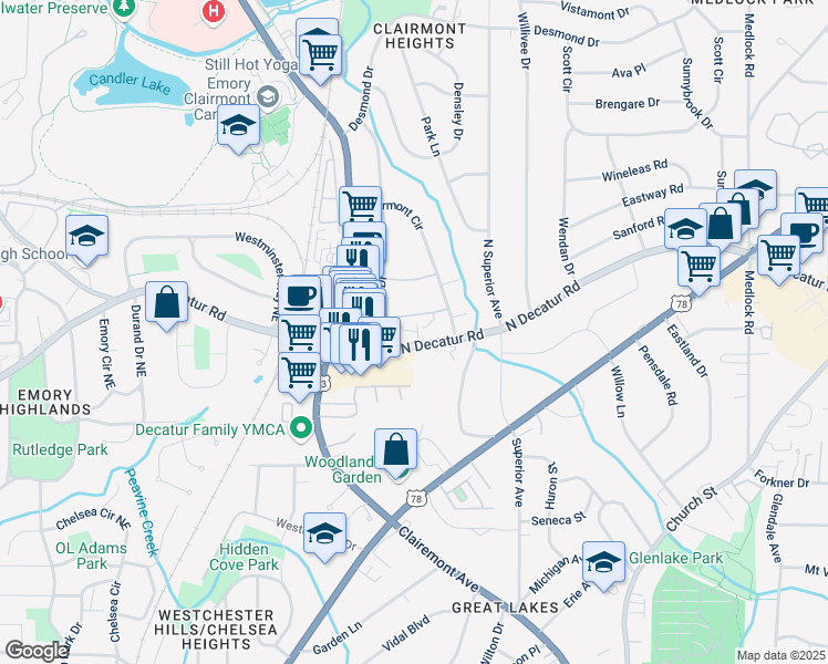 map of restaurants, bars, coffee shops, grocery stores, and more near 2157-2161 North Decatur Road in Decatur