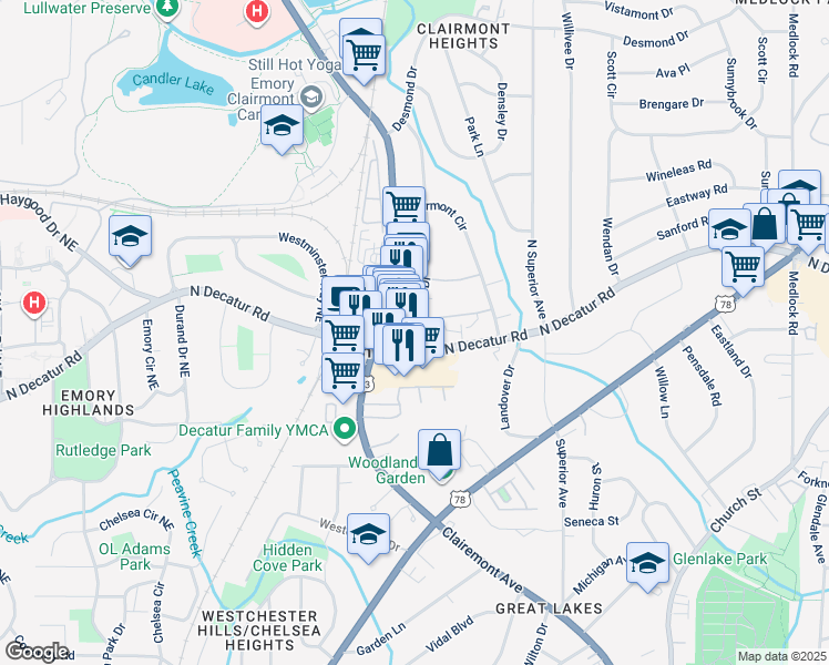 map of restaurants, bars, coffee shops, grocery stores, and more near 2148 North Decatur Road in Decatur