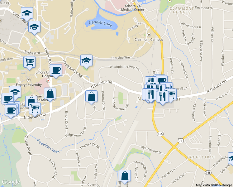 map of restaurants, bars, coffee shops, grocery stores, and more near 517 Princeton Way Northeast in Atlanta