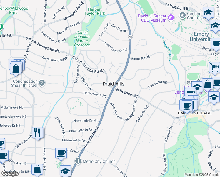 map of restaurants, bars, coffee shops, grocery stores, and more near 1300 Briarcliff Road Northeast in Atlanta