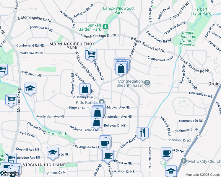 map of restaurants, bars, coffee shops, grocery stores, and more near 1306 North Morningside Drive Northeast in Atlanta