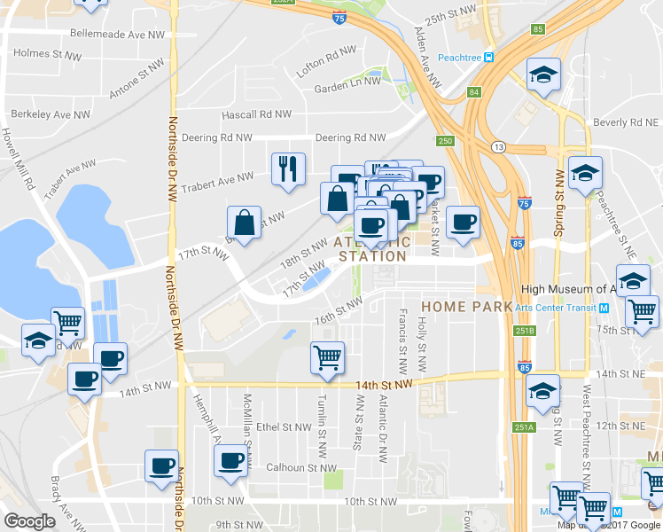 map of restaurants, bars, coffee shops, grocery stores, and more near in Atlanta