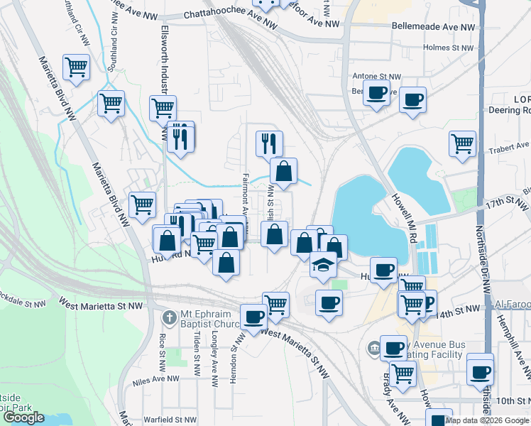 map of restaurants, bars, coffee shops, grocery stores, and more near 1295 Fairmont Avenue Northwest in Atlanta