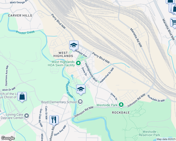 map of restaurants, bars, coffee shops, grocery stores, and more near 961 Westmoreland Circle Northwest in Atlanta