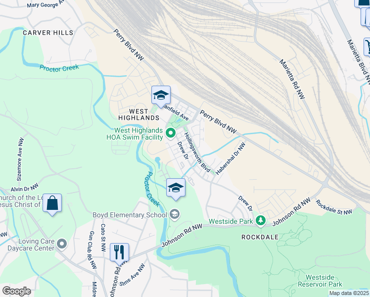 map of restaurants, bars, coffee shops, grocery stores, and more near 1783 Drew Drive in Atlanta