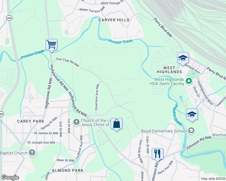 map of restaurants, bars, coffee shops, grocery stores, and more near 1329 Gun Club Road Northwest in Atlanta