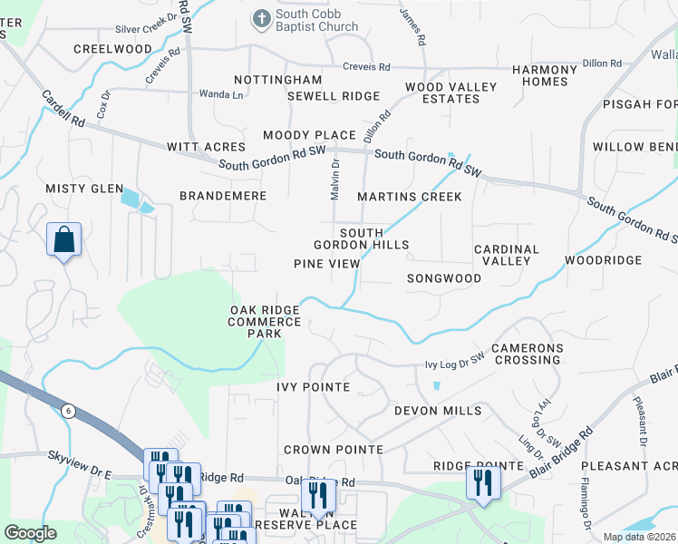 map of restaurants, bars, coffee shops, grocery stores, and more near 6715 Malvin Drive in Austell