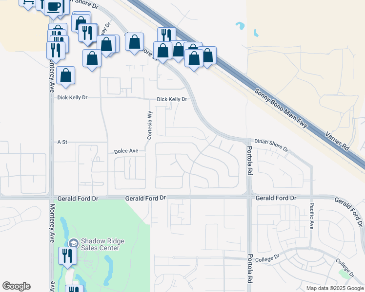 map of restaurants, bars, coffee shops, grocery stores, and more near 73757 Picasso Drive in Palm Desert