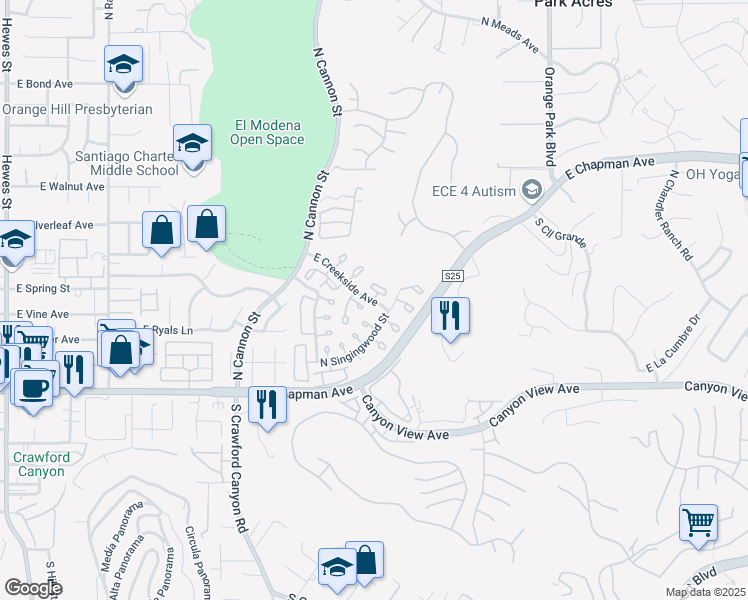 map of restaurants, bars, coffee shops, grocery stores, and more near 5927 East Creekside Avenue in Orange