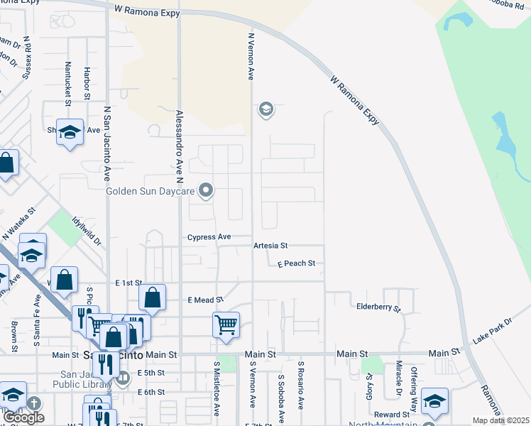 map of restaurants, bars, coffee shops, grocery stores, and more near 365 White Gate Place in San Jacinto
