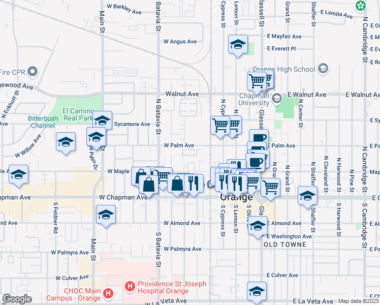 map of restaurants, bars, coffee shops, grocery stores, and more near 630 West Palm Avenue in Orange