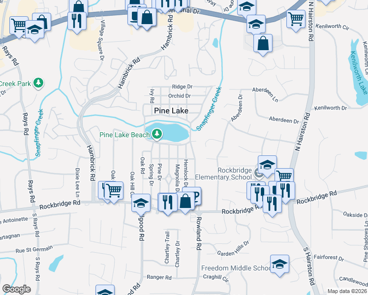 map of restaurants, bars, coffee shops, grocery stores, and more near 514 Magnolia Drive in Pine Lake