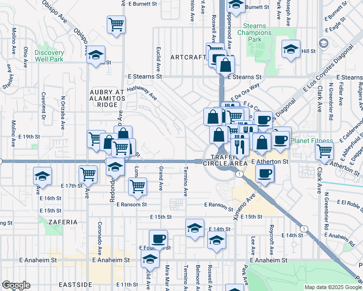 map of restaurants, bars, coffee shops, grocery stores, and more near 1803 Termino Avenue in Long Beach