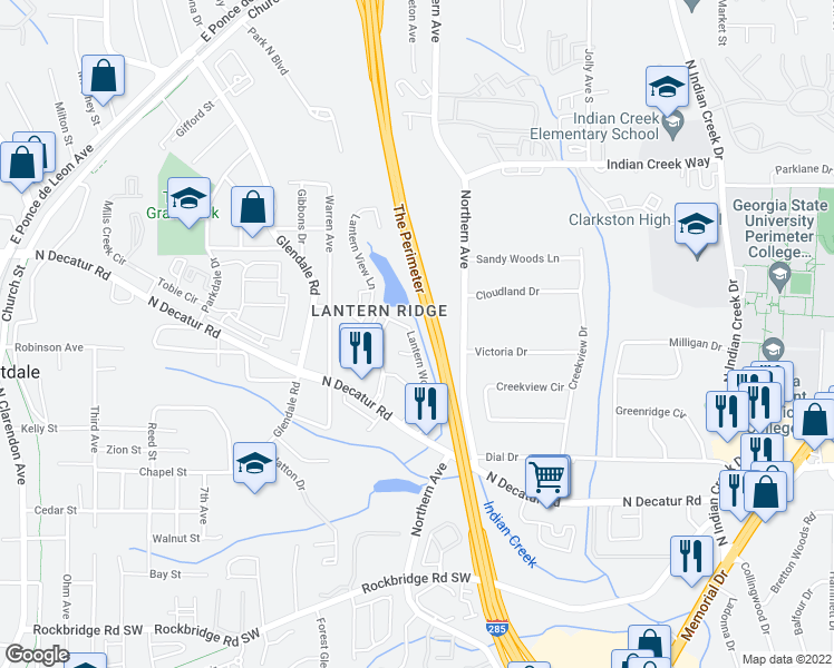 map of restaurants, bars, coffee shops, grocery stores, and more near 541 Lantern Wood Drive in Scottdale