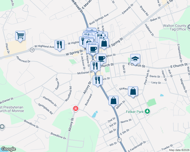 map of restaurants, bars, coffee shops, grocery stores, and more near 319 South Lumpkin Street in Monroe