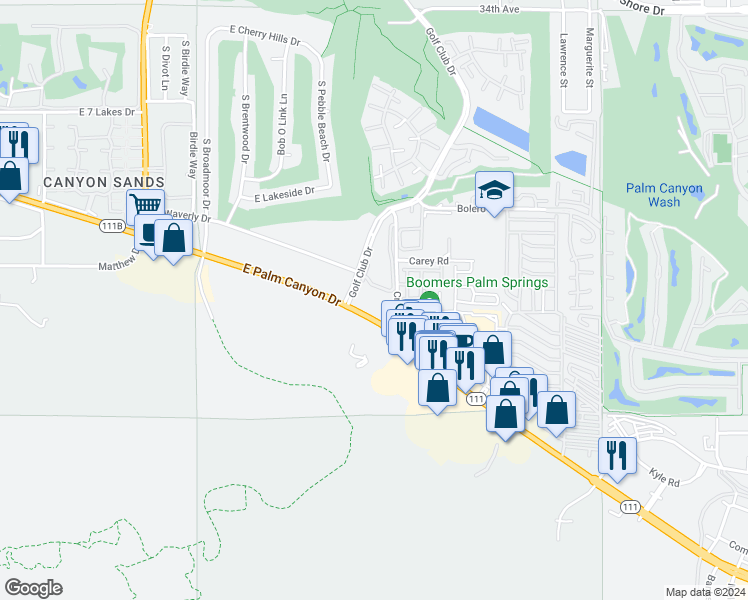 map of restaurants, bars, coffee shops, grocery stores, and more near 6575 East Palm Canyon Drive in Cathedral City
