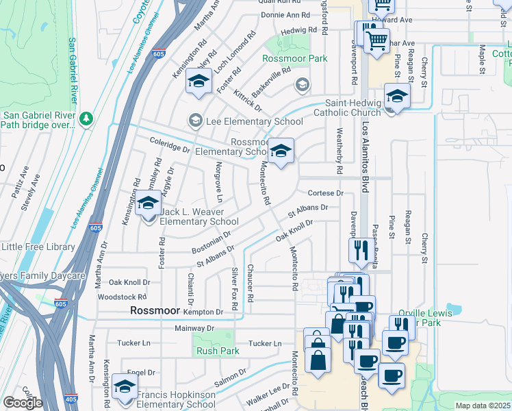 map of restaurants, bars, coffee shops, grocery stores, and more near 3162 Inverness Drive in Los Alamitos