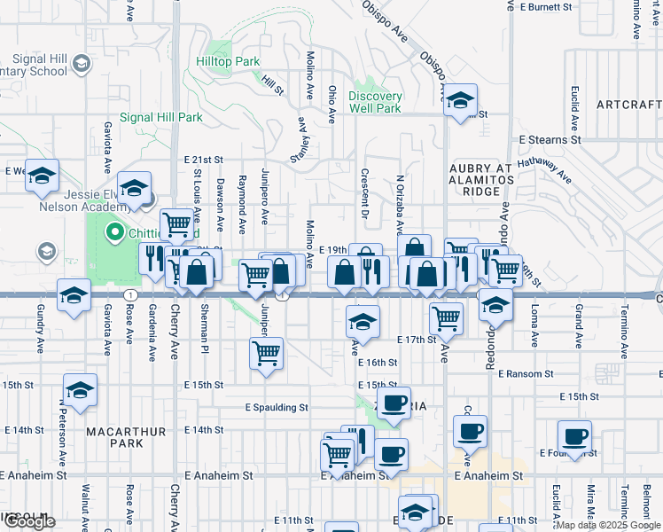map of restaurants, bars, coffee shops, grocery stores, and more near 2691 East Wall Street in Signal Hill