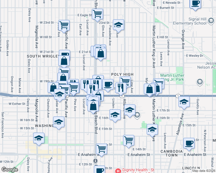 map of restaurants, bars, coffee shops, grocery stores, and more near 408 East Dayman Street in Long Beach