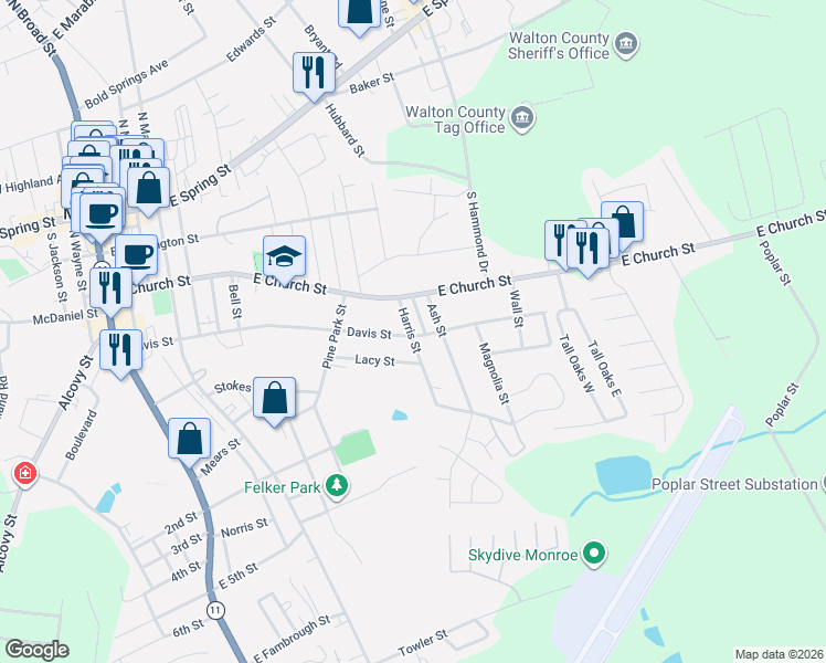 map of restaurants, bars, coffee shops, grocery stores, and more near 728 Davis Street in Monroe