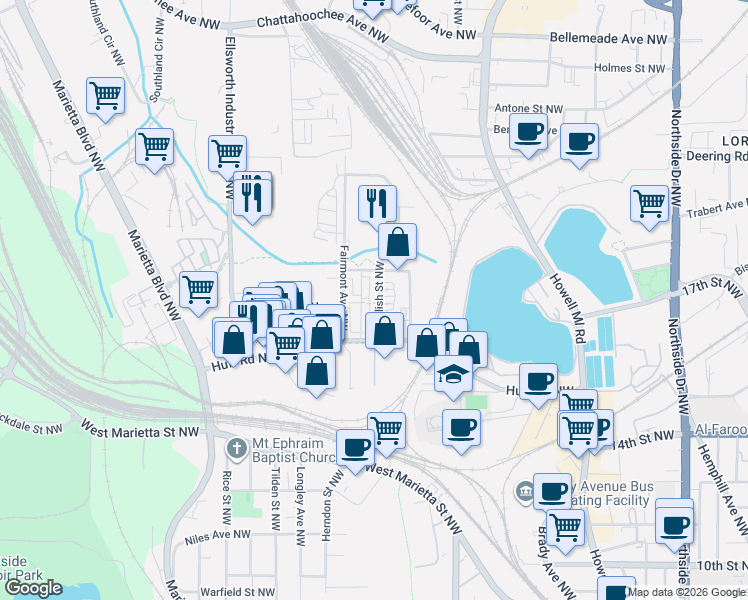 map of restaurants, bars, coffee shops, grocery stores, and more near 1295 Fairmont Avenue Northwest in Atlanta