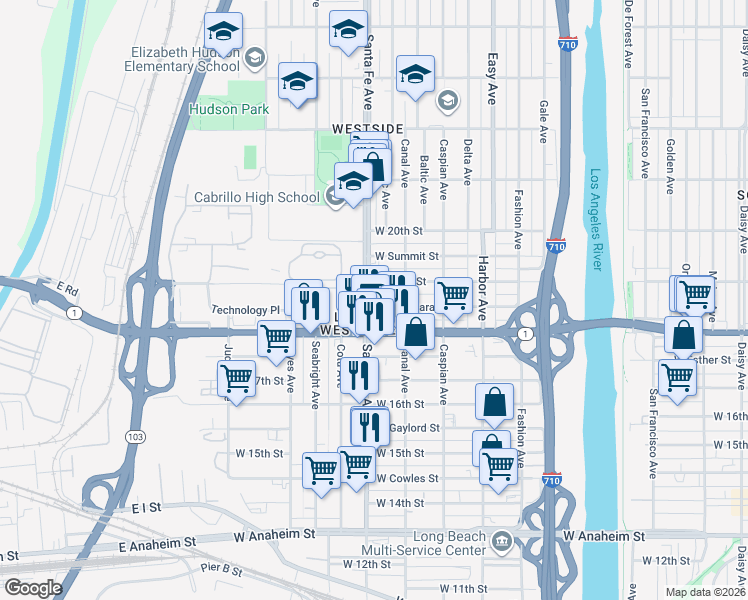 map of restaurants, bars, coffee shops, grocery stores, and more near in Long Beach