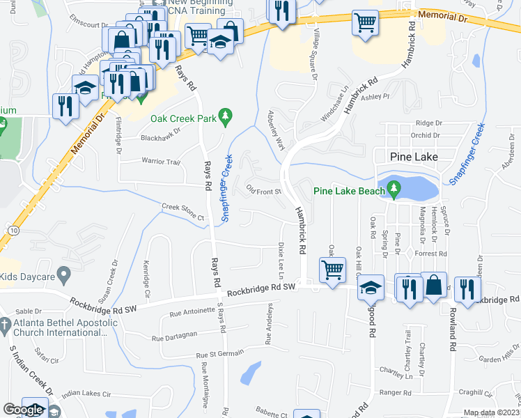 map of restaurants, bars, coffee shops, grocery stores, and more near 4232 Village Square Lane in Stone Mountain