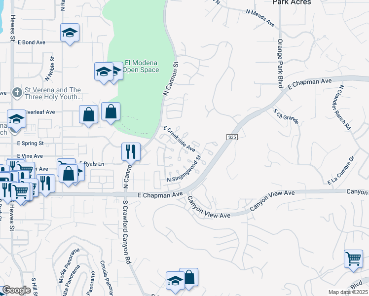 map of restaurants, bars, coffee shops, grocery stores, and more near 5846 East Creekside Avenue in Orange