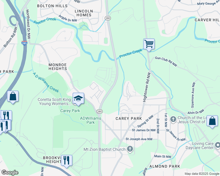 map of restaurants, bars, coffee shops, grocery stores, and more near 1212 James Jackson Parkway Northwest in Atlanta