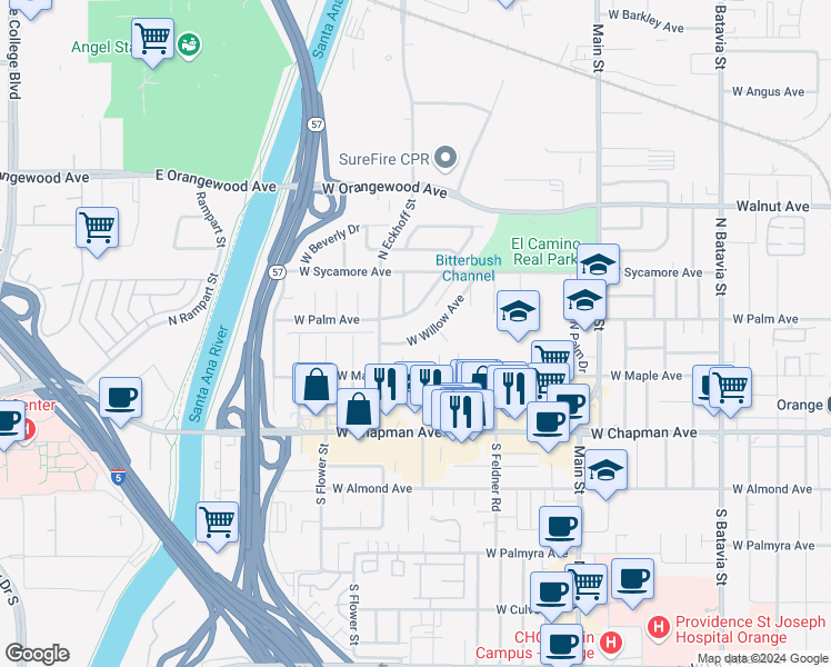 map of restaurants, bars, coffee shops, grocery stores, and more near 2003 West Willow Avenue in Orange