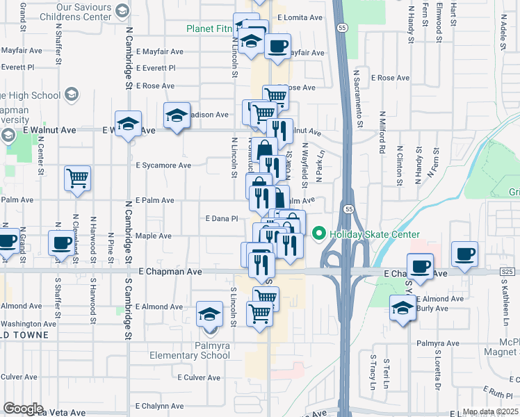 map of restaurants, bars, coffee shops, grocery stores, and more near 239 North Shattuck Place in Orange