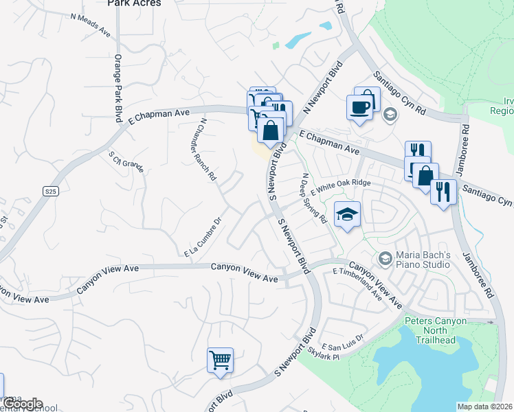 map of restaurants, bars, coffee shops, grocery stores, and more near 7503 East White Oak Ridge in Orange
