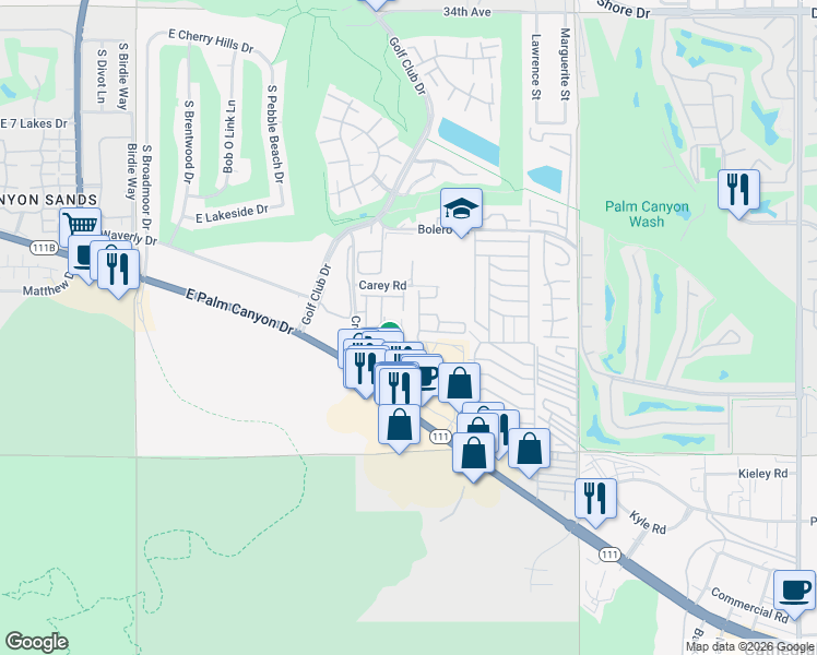 map of restaurants, bars, coffee shops, grocery stores, and more near 67590 Jones Road in Cathedral City