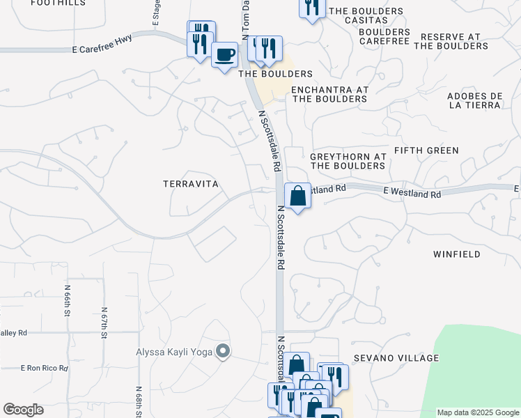 map of restaurants, bars, coffee shops, grocery stores, and more near 33598 North 71st Street in Scottsdale