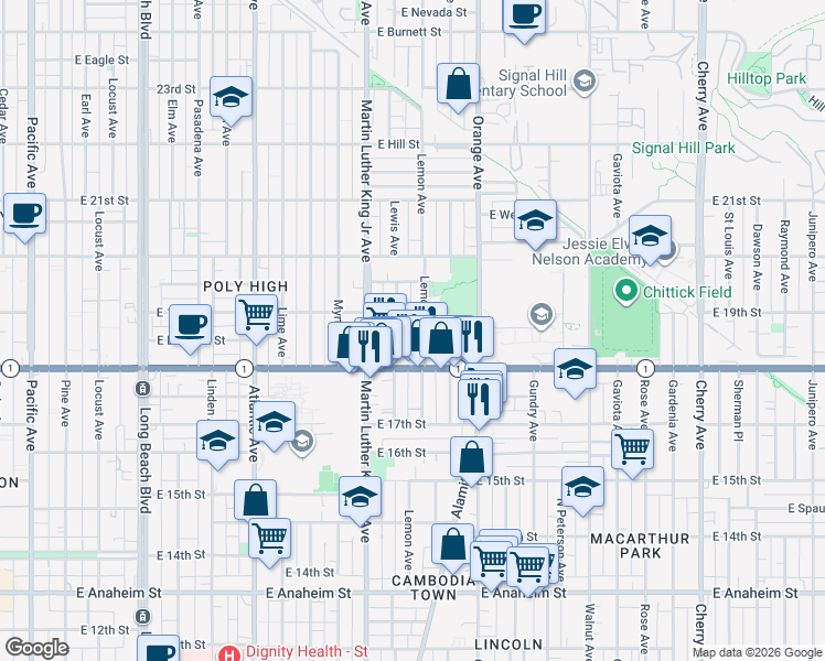 map of restaurants, bars, coffee shops, grocery stores, and more near 1084 East 19th Street in Long Beach