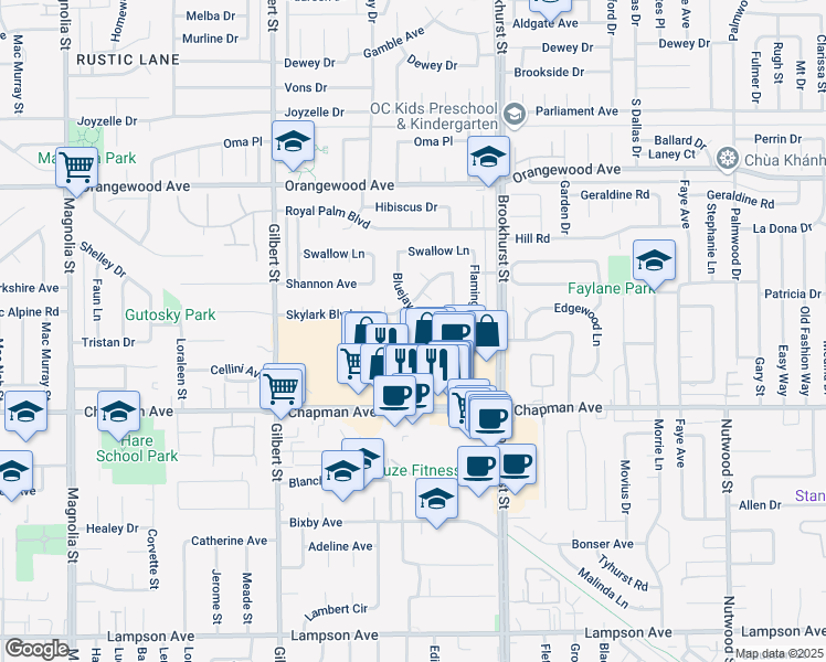 map of restaurants, bars, coffee shops, grocery stores, and more near 9842 Cockatoo Lane in Garden Grove