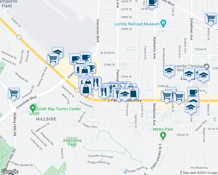 map of restaurants, bars, coffee shops, grocery stores, and more near 2435 256th Street in Lomita