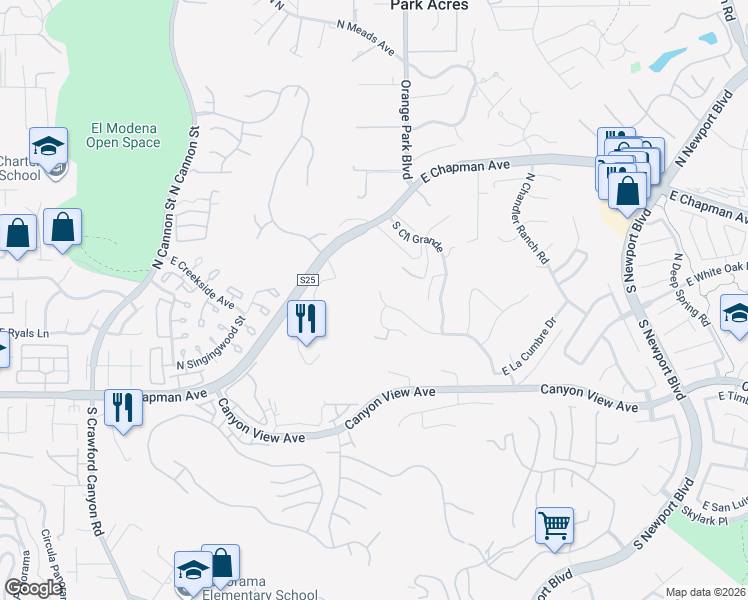 map of restaurants, bars, coffee shops, grocery stores, and more near 152 South Calle Alta in Orange