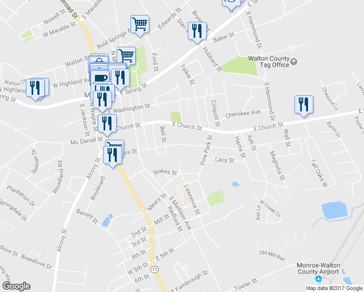 map of restaurants, bars, coffee shops, grocery stores, and more near 602 Davis Street in Monroe