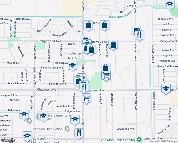 map of restaurants, bars, coffee shops, grocery stores, and more near 11700 Knott Avenue in Garden Grove