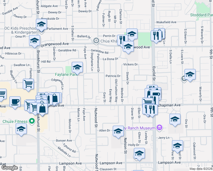 map of restaurants, bars, coffee shops, grocery stores, and more near 11851 Easy Way in Garden Grove