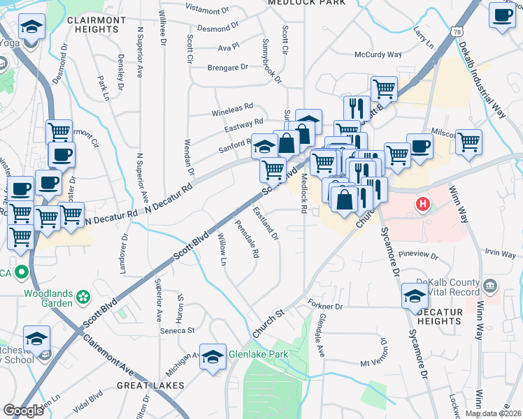 map of restaurants, bars, coffee shops, grocery stores, and more near 501 Eastland Drive in Decatur