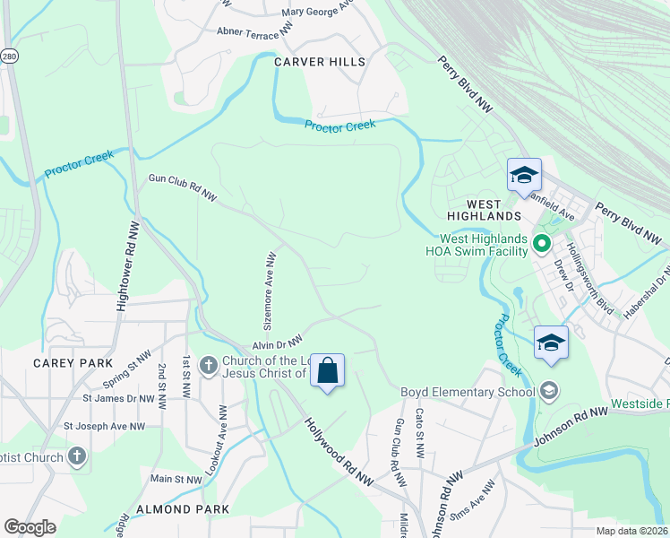 map of restaurants, bars, coffee shops, grocery stores, and more near 1329 Gun Club Road Northwest in Atlanta