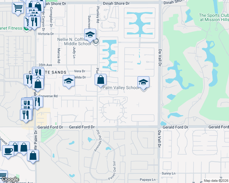 map of restaurants, bars, coffee shops, grocery stores, and more near 3 Clear Lake Drive in Rancho Mirage