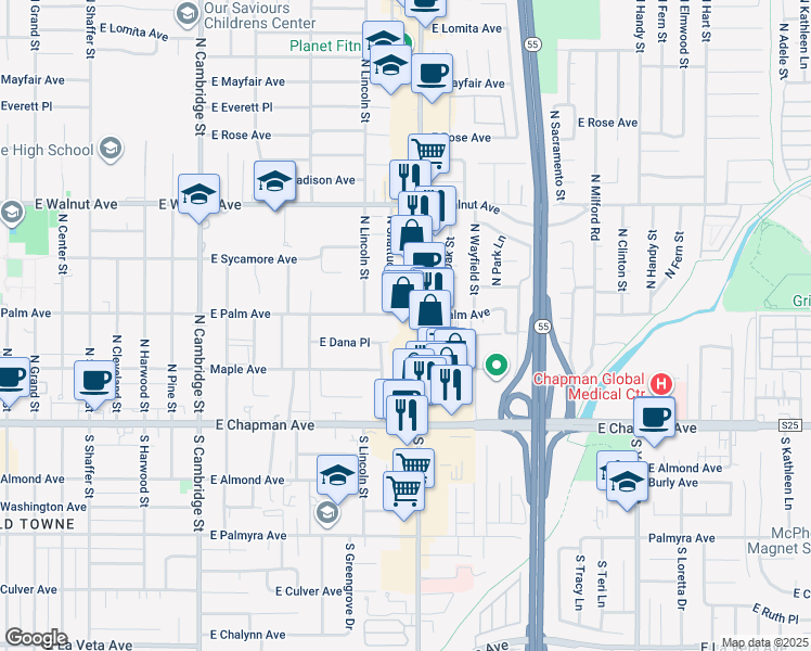 map of restaurants, bars, coffee shops, grocery stores, and more near 239 North Shattuck Place in Orange