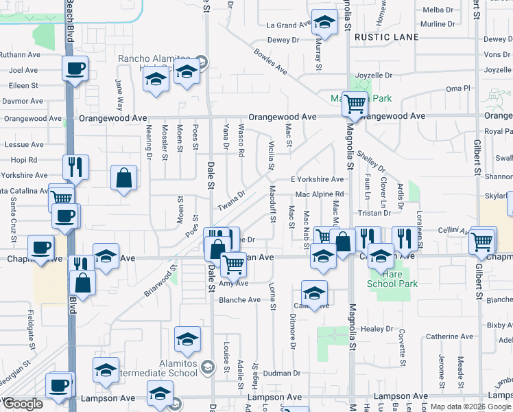 map of restaurants, bars, coffee shops, grocery stores, and more near 8652 Mac Alpine Road in Garden Grove